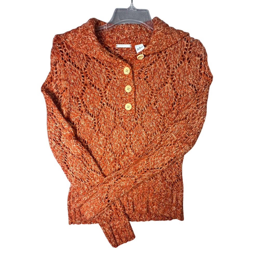 Pandemonium Orange Pointelle Knit Henley Sweater Boho Shawl Collar Small Orange